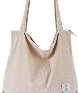 KALIDI Women Corduroy Tote Bag Zipper Casual Tote's Handbag Big Capacity Shoulder Bag with Pockets